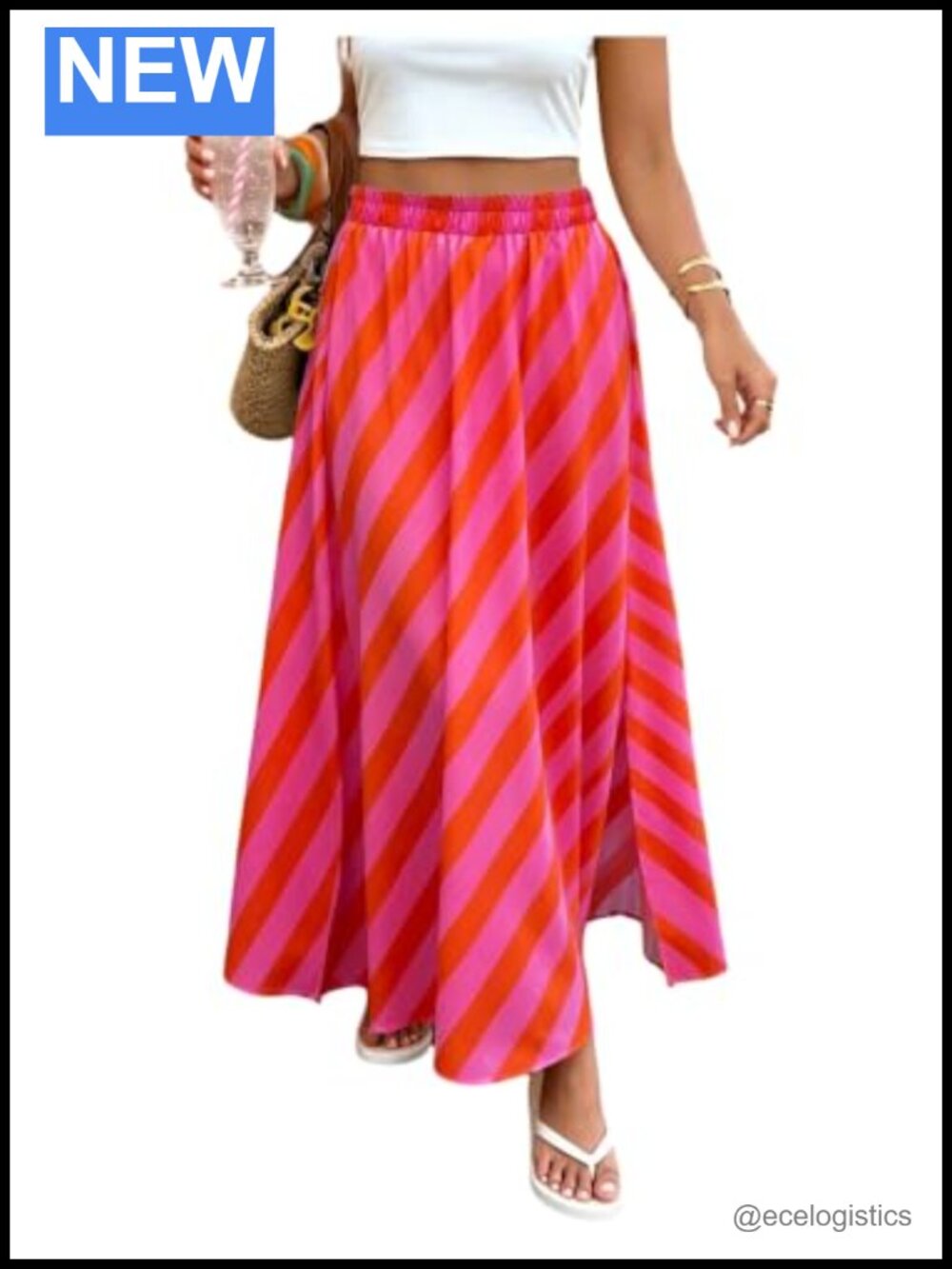 Plus Size Striped Maxi Skirt A-Line High Waisted Side Slit Summer Flowy Long